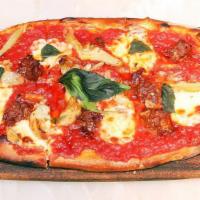 ‘Nduja & Carciofi Pizza · Contains roasted peppers. Spicy, spreadable pork salami, artichokes, San Marzano tomato, and...