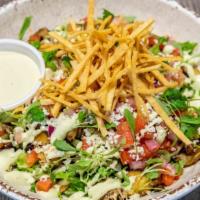 Mexican Salad · Shredded romaine lettuce topped with choice of meat, corn relish, tortilla strips, and avoca...