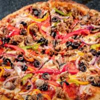 Combination · House cheese blend, pepperoni, italian sausage, mushrooms,
olives, peppers, onions, and trad...