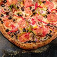 Veggie · House cheese blend, pepperoni, italian sausage, mushrooms,
olives, peppers, onions, and trad...