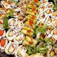 Party Tray 4 · Three regular rolls, six pieces sushi roll and 15 pieces sashimi.