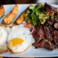 Classic Steak And Eggs · Top grade hanger steak grilled to your taste. Served with 2 fresh eggs upon your choice.