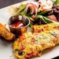 Vegetable Omelet · 3 fresh eggs omelette filled with fresh cut tomato, red and green bell peppers, onion and mu...