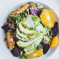 Avocado Beet Salad · Lettuce, beets, orange, toasted almond and topped with avocado, dressed with orange thyme vi...