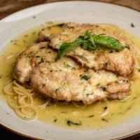 Chicken Francaise · Egg and flour battered chicken cutlets cooked in lemon butter sauce. Served spaghetti pasta.