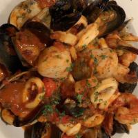Seafood Fra Diavolo · Shrimp, scallops, clams, mussels, calamari, linguine and tomato sauce mild, medium or hot.