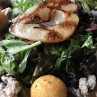 Goat Cheese Salad · Organic. Crispy goat cheese (deep fried), poached pears, balsamic dates, candied walnuts, or...