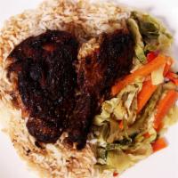 Jerk Chicken · Served with peas your choice of rice and choice of two vegetables. Choice of medium or large.