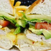 Grilled Chicken Navajo · Marinated grilled chicken breast, avocado, pepper jack cheese, lettuce, tomato, and ranch dr...