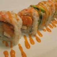 Super Spider Roll · Fried soft shell crab, eel, avocado, cucumber, caviar and spicy mayo.