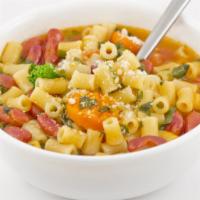 Pasta Fagioli Soup · Ditalini pasta, white cannellini beans, onions, and Italian seasoning, served in a warm broth.