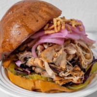 P&C  Byo Bbq Sandwich · Choice of protein served on a brioche bun with pickles, cabbage, pickled onions, crispy onio...