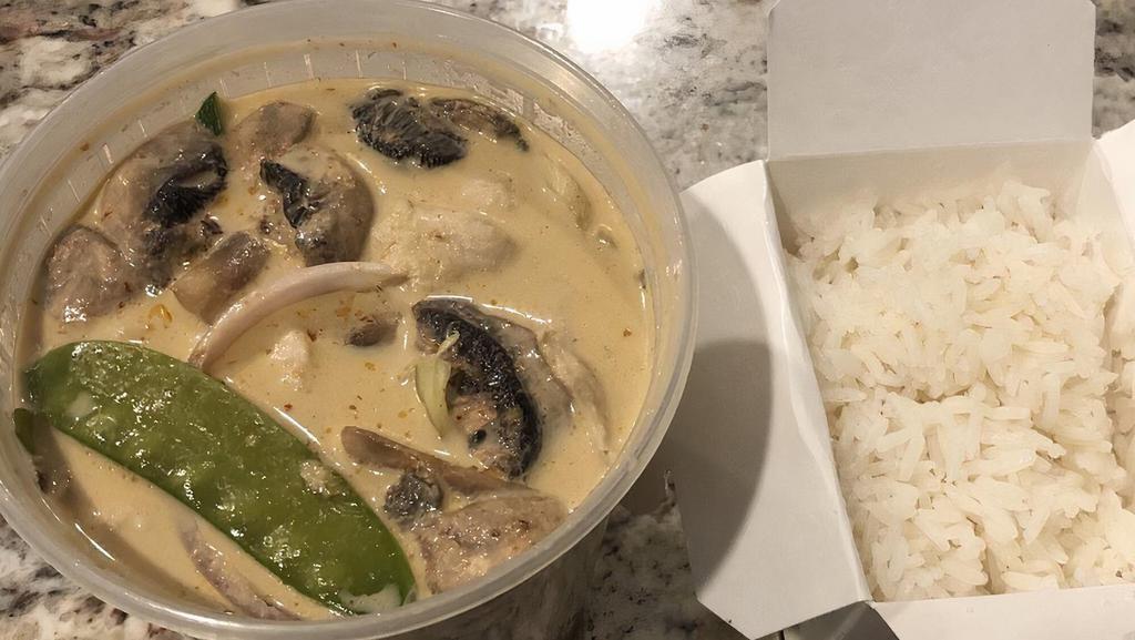 Massaman Curry · Mild and sweet. Tofu, chicken, beef or shrimp. Massaman curry with coconut milk, onion, potatoes, zucchini, sweet peas, mushrooms, carrots, and ground peanuts.