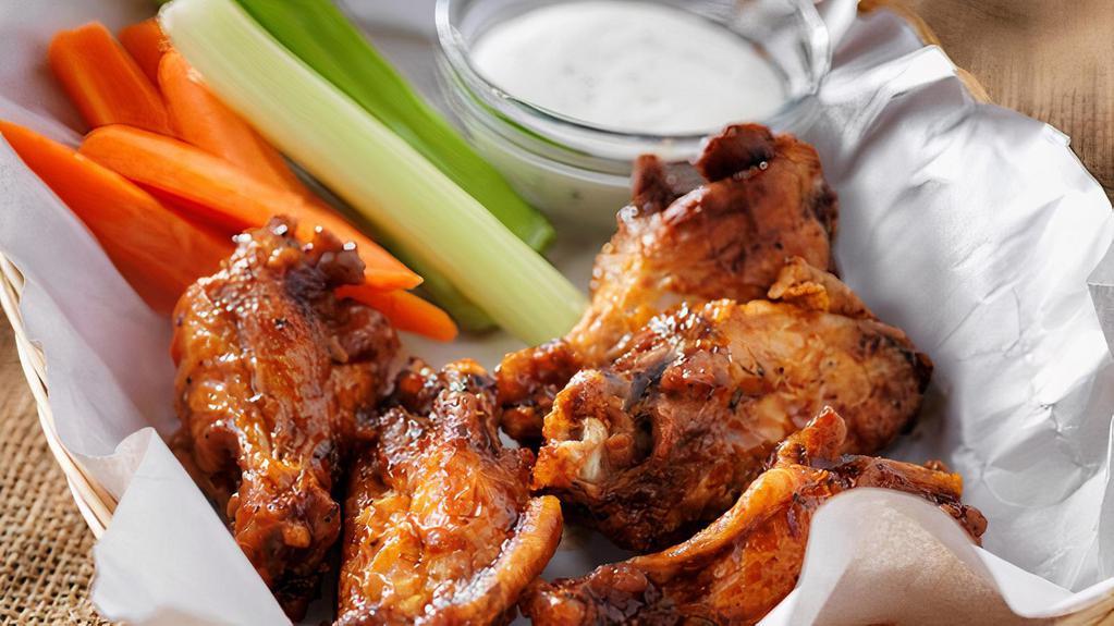 Bbq Chicken Wings · 5 pcs of BBQ Chicken wings served with house barbecue sauce, pickled carrots and celery.
