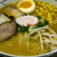 Miso Ramen · Pork belly, 1/2 soft boiled egg, scallion, fish cake, corn, bean sprouts, pork broth and thi...