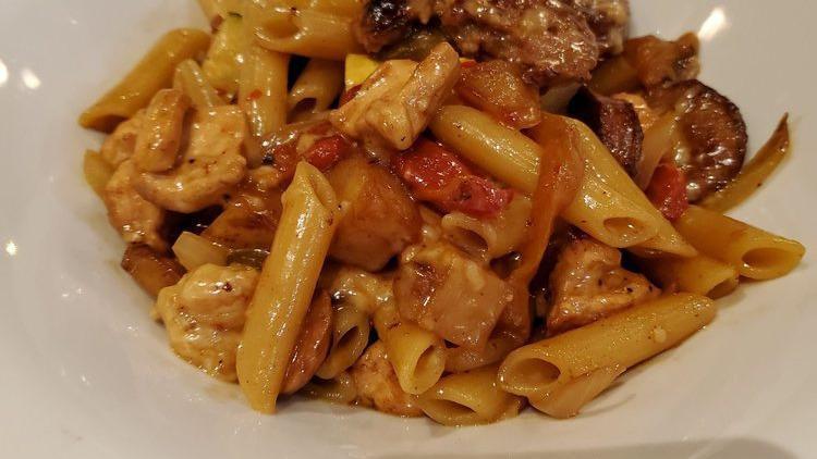 Chicken Scarpariello · Gluten-free available. Sausage, potatoes, zucchini, onions, red pepper and chicken sautéed with garlic, wine and lemon.