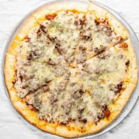 Philly Steak Pizza · Shaved steak with sweet peppers, onions, Swiss and provolone cheese on a white crust, served...