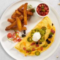 Caliente Morning Omelette · Eggs, onions, tomatoes, jalapenos, and cheese. Served with home fries.