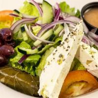 The Navarino Greek Salad · Romaine lettuce, feta cheese, tomatoes, cucumbers, red onion,. Kalamata olives, pepperoncini...