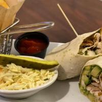 The California Wrap · Grilled chicken with Swiss cheese, bacon, avocado, lettuce, and. tomatoes. Served with Frenc...