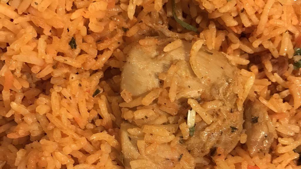 Chicken Biryani · Long grain basmati rice cooked with chicken and our special inhouse biryani masala.