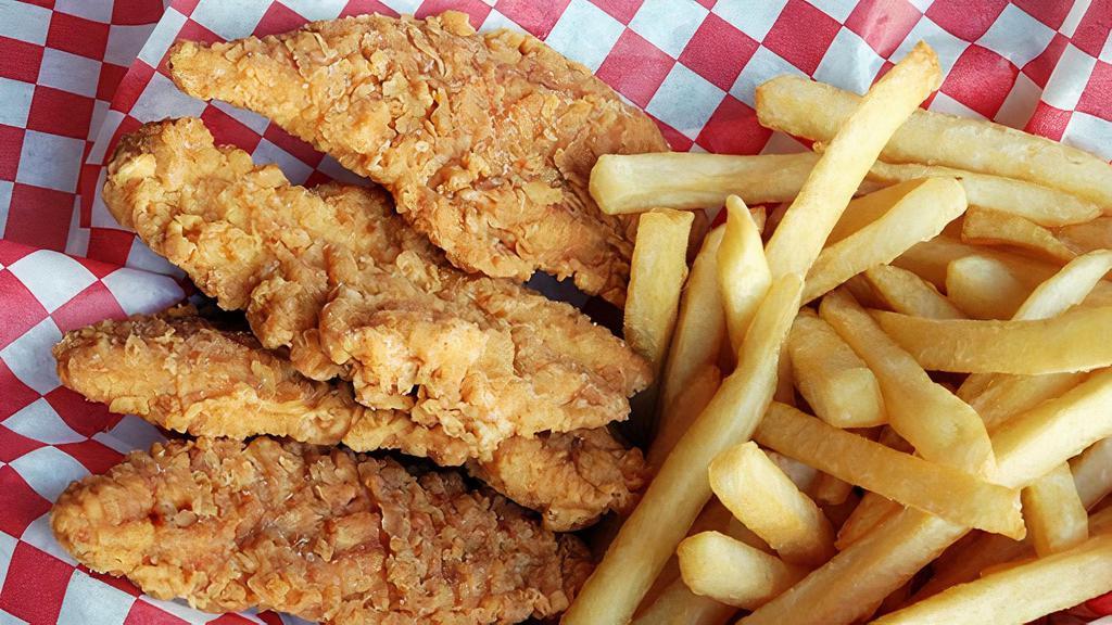 Chicken Fingers & French Fries · Golden brown chicken tenders served with a side of French fries.