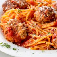Spaghetti  With Meatball · Our famous beef meatballs braised in our marinara sauce. Served with spaghetti and tomato sa...