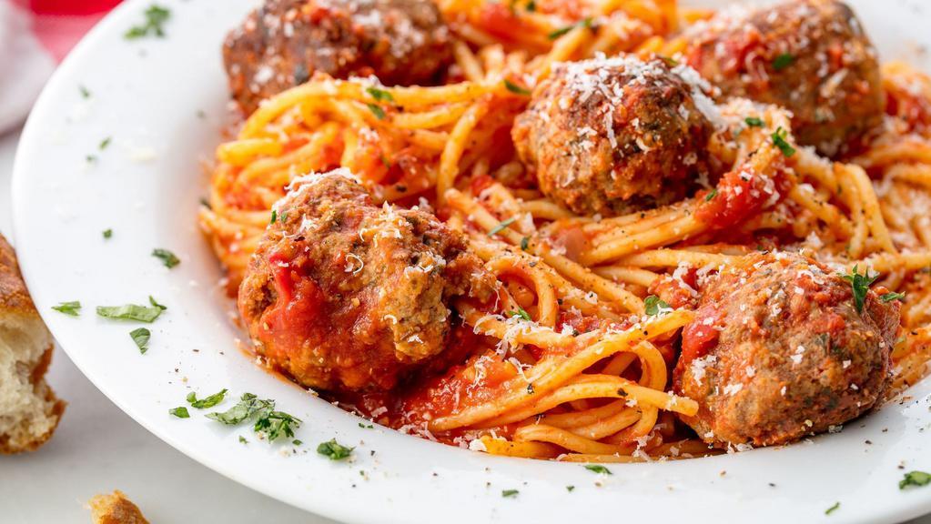 Spaghetti  With Meatball · Our famous beef meatballs braised in our marinara sauce. Served with spaghetti and tomato sauce topped with parmesan blend.
