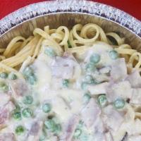 Pasta Carbonara · Pancetta, peas, and shallots in a cream sauce.