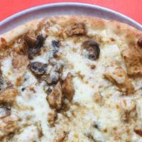 Chicken Marsala Pizza · Topped with seared chicken breast, sautéed mushrooms, onions, marsala wine sauce, and cheese.