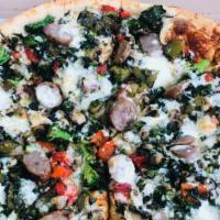 Primavera Pizza · Topped with sautéed mushrooms, spinach, broccoli, tomatoes, peppers, and cheese.