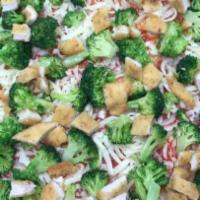 Chicken & Broccoli Pizza · Topped with grilled chicken, and broccoli on white crust.