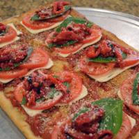 Crispina Pizza · Grandma crust topped with fresh Mozzarella, tomatoes, roasted peppers, fresh basil, and bals...