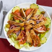 Garden Salad With Chicken · Lettuce, tomatoes, cucumber, onions and green olives with choice of dressing.