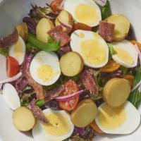 Nicoise Salad · Tomato, Potato, Egg, Anchovy, Green Beans. (GF, DF)