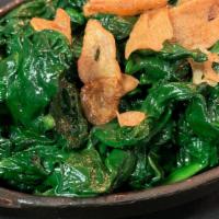 Wilted Spinach · Sicilian EVOO, Garlic Chips