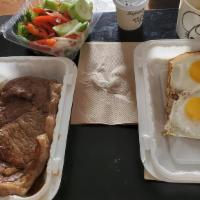 Steak & Eggs · served with French fries.