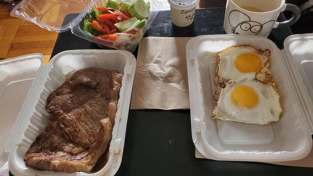 Steak & Eggs · served with French fries.