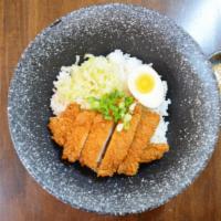 Fried Chicken Katsu Rice Bowl · Japanese fried chicken katsu, white rice, half seasoned egg, pepper seasoned shredded cabbag...