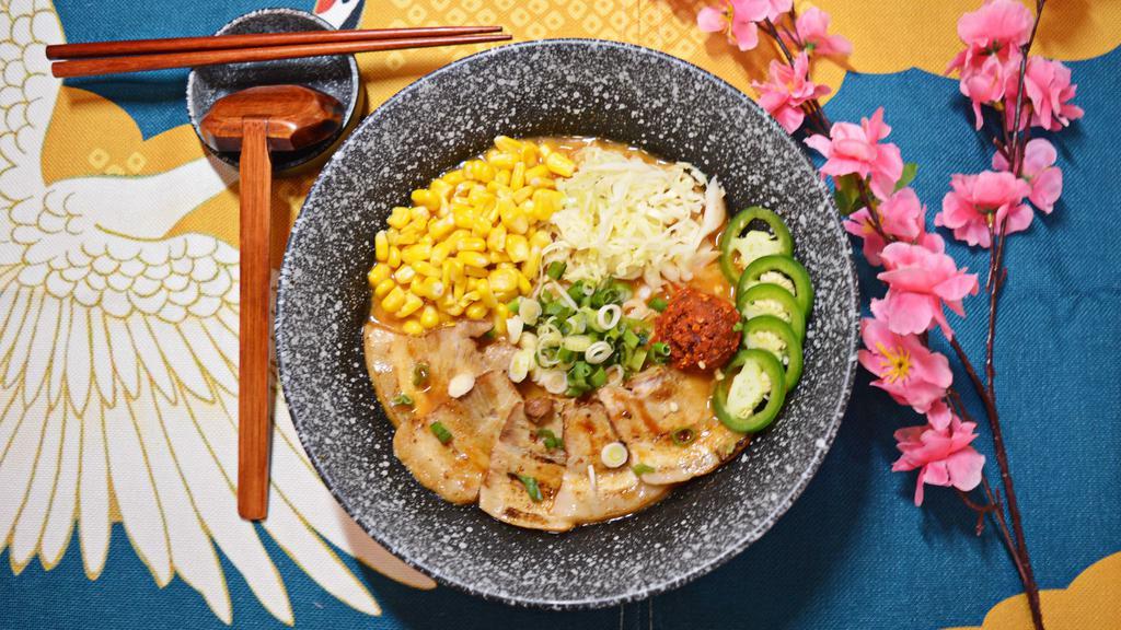 Spicy Miso Ramen · 5pcs chashu, corn, bamboo shoot, cabbage, special spicy paste, jalapeno, green onion