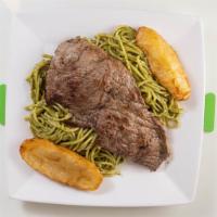 Tallarin Verde Con Bistec · Steak with Spaghetti in a Green Peruvian Style Basil, Spinach, and Cheese Sauce.