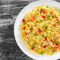 Vegetable Fried Rice · Fresh yellow rice, chopped onions, mixed vegetables and scallions.