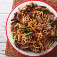 Beef Chow Mein · Fresh chow mein noodles, shredded beef, farmer's market cabbage, carrots and chef's sauce.