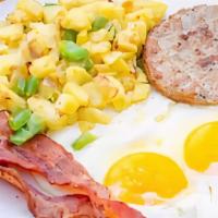 Sausage & Eggs · Sausage, Eggs (Scrambled, Over Easy, Over Hard Or Sunny Side up), Home Fries & Wheat Or Whit...