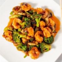 Hunan Shrimp · Hot and spicy. Tender jumbo shrimp sautéed with ginger in sweet and sour chili sauce.