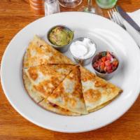 Black Bean Quesadilla · Diced black bean burger patty, cheddar, and mozzarella.