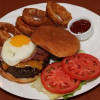 New Jersey · Beef Burger with Cheddar Cheese, Taylor Ham, Fried Egg, & Onion Rings.