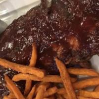 Bbq Ribs · Full Rack of BBQ Baby Back Ribs. Served with Sweet Potato Fries & Coleslaw.