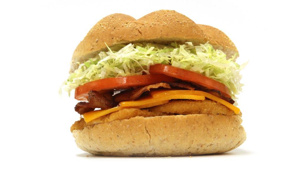 Chicken Cheddar · Breaded chicken cutlet with melted cheddar cheese, crispy bacon, lettuce and tomato.