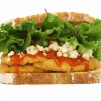 Buffalo Chicken · Breaded chicken cutlet with melted crumbled bleu cheese, spicy buffalo sauce and green leaf ...